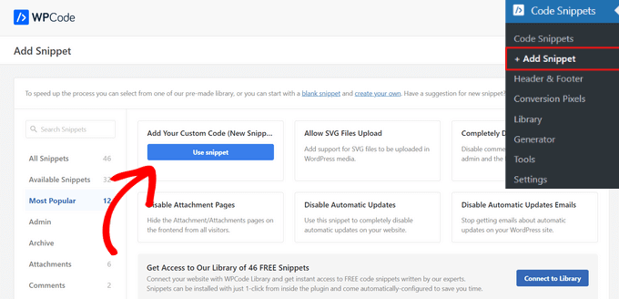 WPCode ライブラリでカスタム コード オプションを選択して広告を挿入します Choose the Custom Code option in the WPCode library to insert an ad