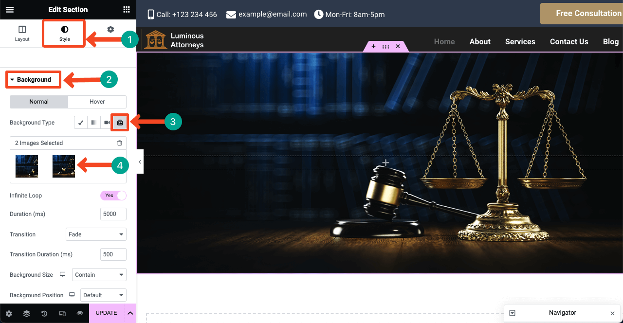 Come creare un sito web per avvocati con Elementor e HappyAddons 18 Add Images to the Hero Section