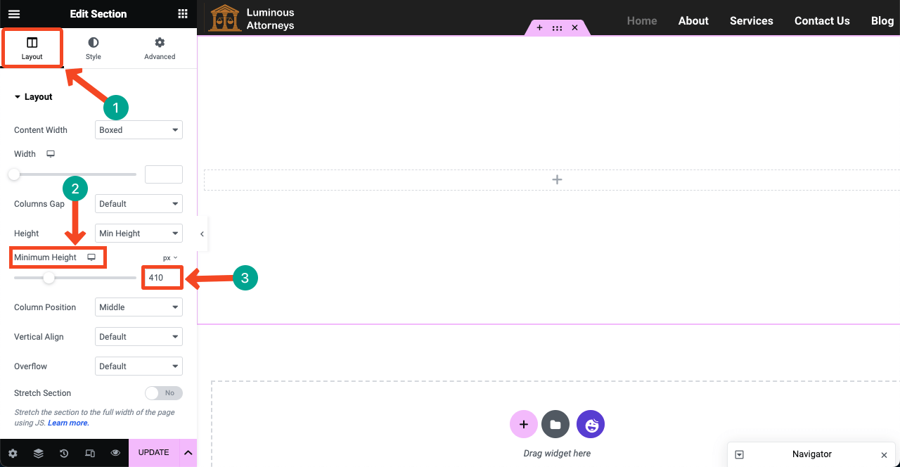 Come creare un sito web per avvocati con Elementor e HappyAddons 17 Create an area for the hero section and customize its height