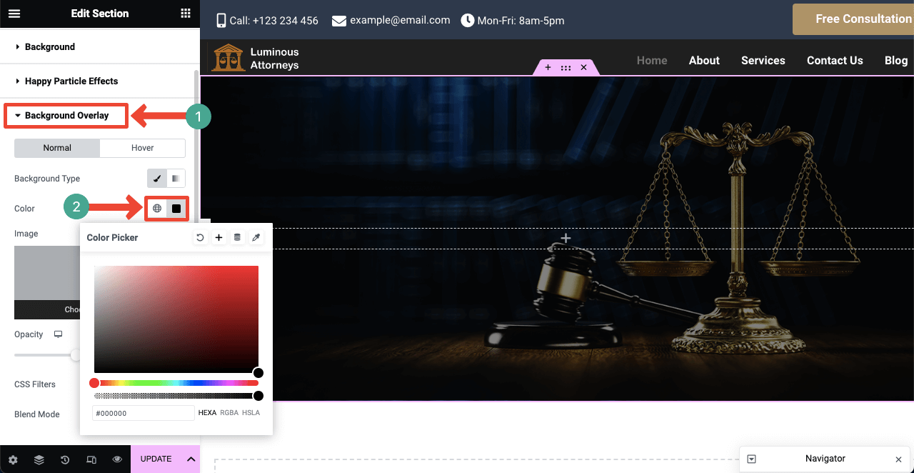 Come creare un sito web per avvocati con Elementor e HappyAddons 19 Add Background Overlay