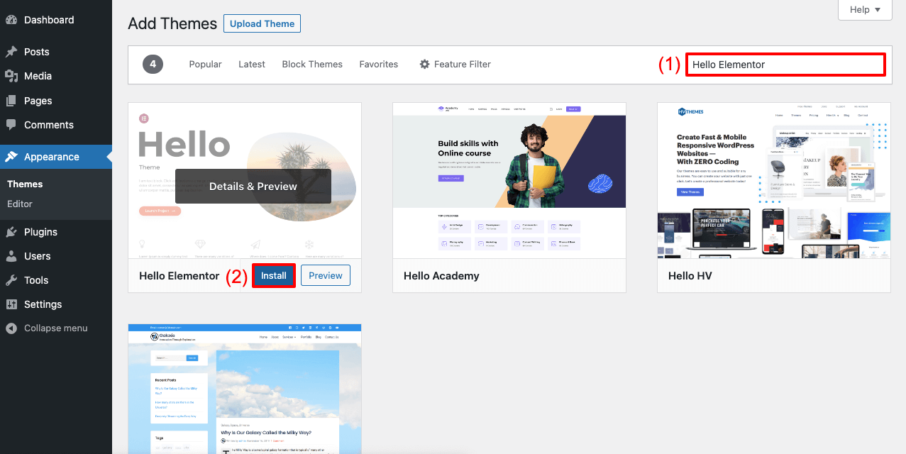 Come creare un sito web per avvocati con Elementor e HappyAddons 6 Install Hello Elementor