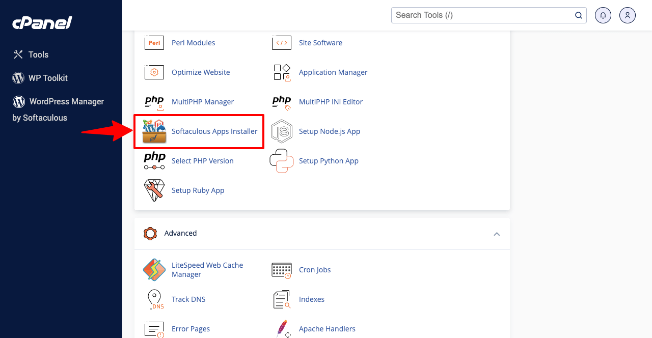 Come creare un sito web per avvocati con Elementor e HappyAddons 4 Find Softaculous Apps Installer and click it