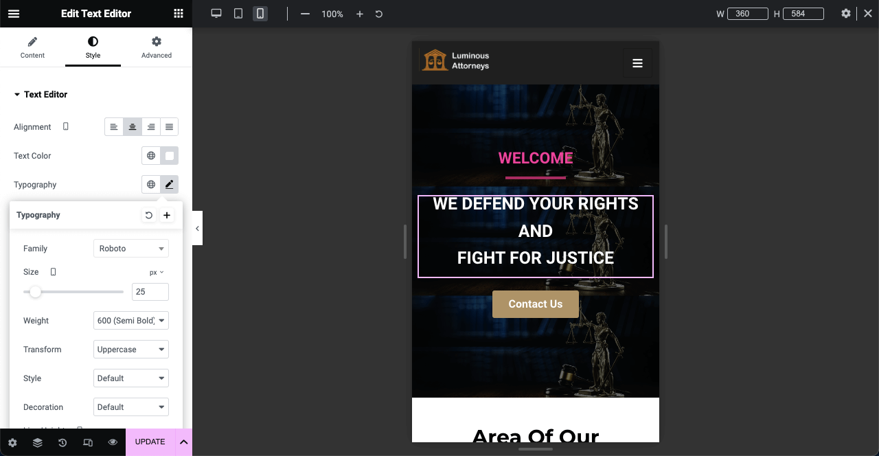 Come creare un sito web per avvocati con Elementor e HappyAddons 34 Edit elementor sections to make them mobile responsive