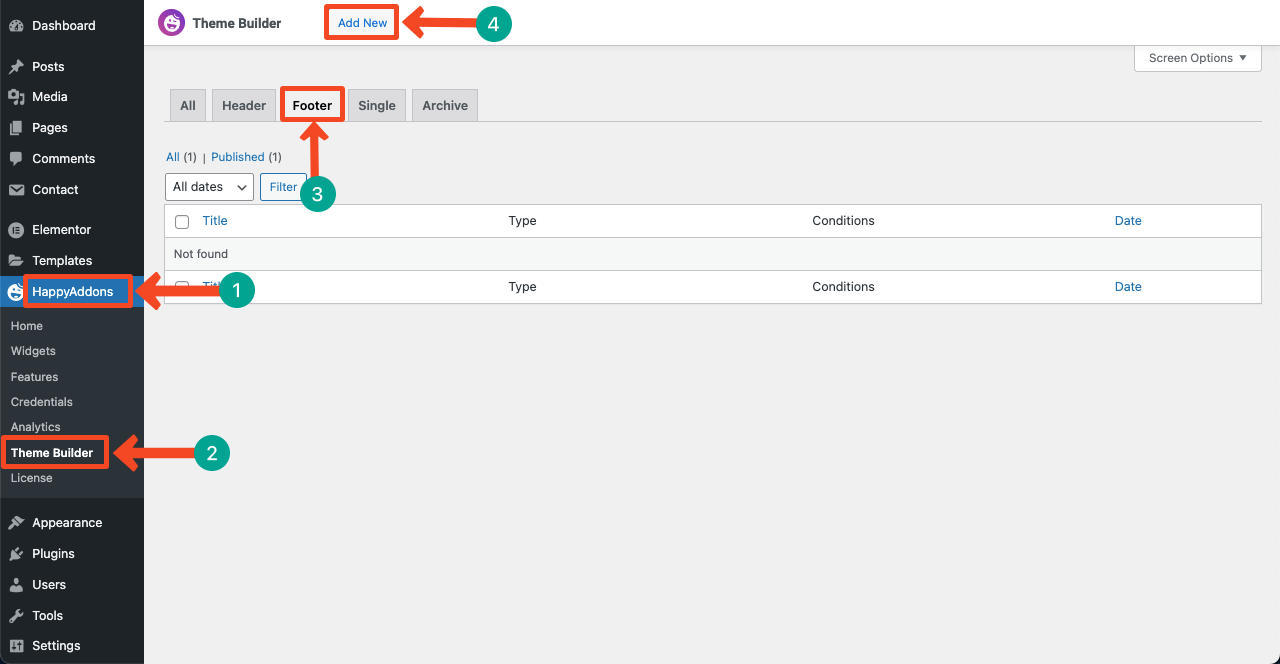 Come creare un sito web per avvocati con Elementor e HappyAddons 30 Go to theme builder to add a footer