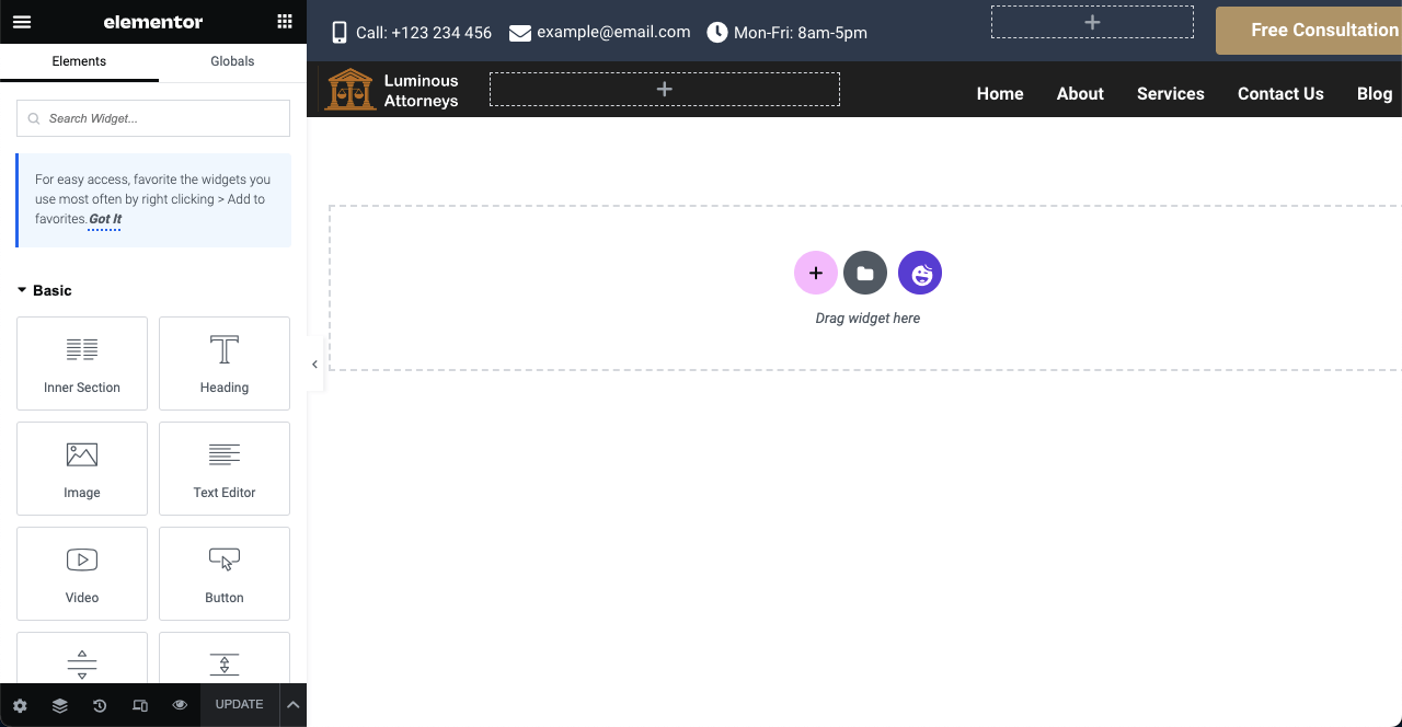Come creare un sito web per avvocati con Elementor e HappyAddons 14 Add header menu