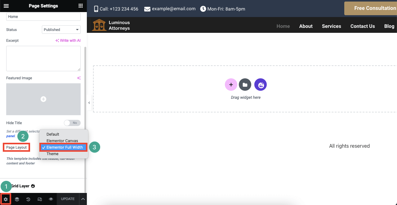 Come creare un sito web per avvocati con Elementor e HappyAddons 16 Open page in Elementor Full Width