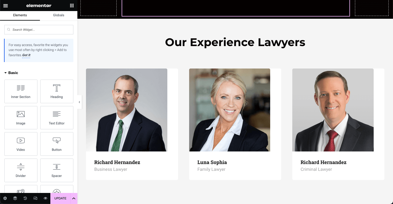 Come creare un sito web per avvocati con Elementor e HappyAddons 26 Add Attorneys to the Home Page