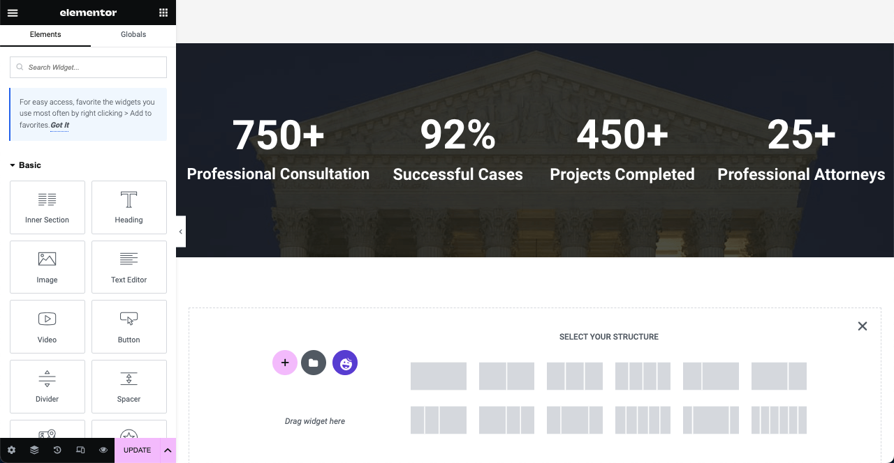 Come creare un sito web per avvocati con Elementor e HappyAddons 27 Add a Brief Summary of the Work History of Your Law Firm
