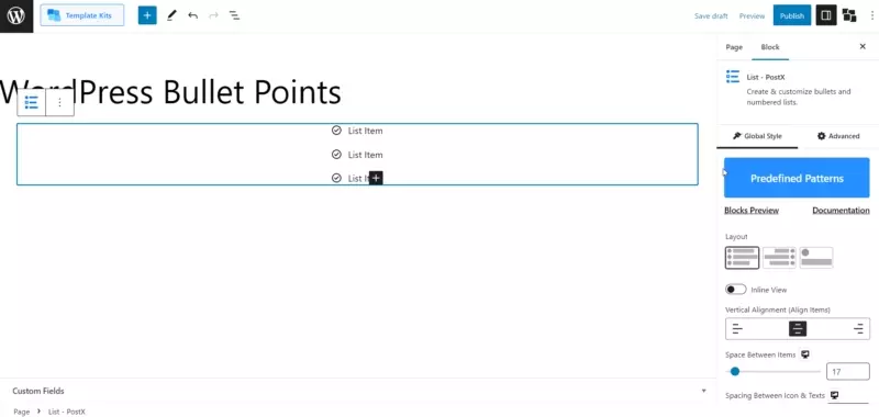 PostX 고급 목록 블록 4로 WordPress 글머리 기호를 만드는 방법 List Block Predefined Patterns