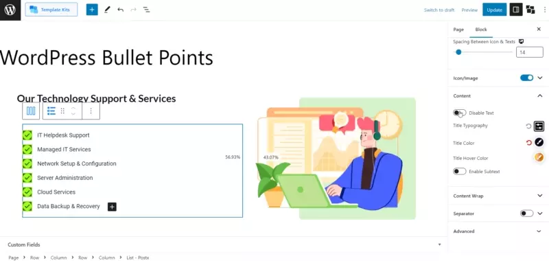PostX Advanced List Block 8로 WordPress 글머리 기호를 만드는 방법 Content Settings - List Block