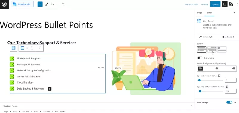 PostX 고급 목록 블록 6으로 WordPress 글머리 기호를 만드는 방법 Layout Settings - List Block