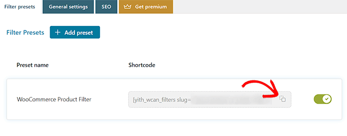 フィルタープリセットのショートコードをコピーします。 Copy the shortcode for the filter preset
