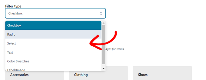 ドロップダウン メニューからフィルター タイプを選択します Choose a filter type from the dropdown menu