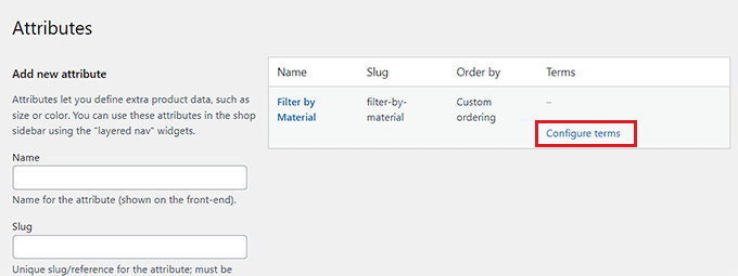「用語の構成」リンクをクリックして用語を作成します Click the Configure terms link to create terms