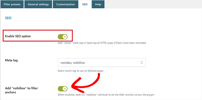 フィルタープリセットのSEO設定を構成する Configure the SEO settings for the filter preset