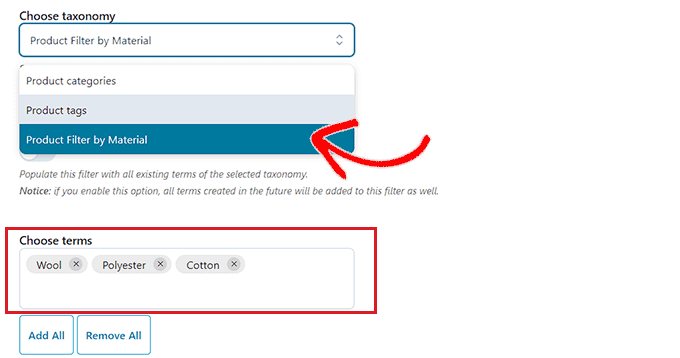 カスタム属性フィルターを選択し、その用語を追加します Choose the custom attribute filter and add its terms