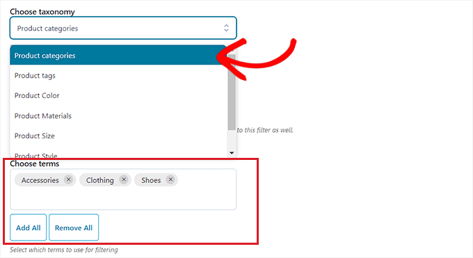 ドロップダウン メニューから分類オプションを選択し、カテゴリの用語を記述します Choose a taxonomy option from the dropdown menu and then write terms for the categories