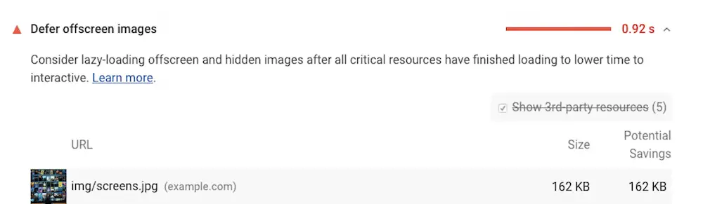 Google Lighthouse には、オフスクリーン画像の遅延メトリクスが表示され、それらの画像の読み込みにかかる時間が表示されます。
