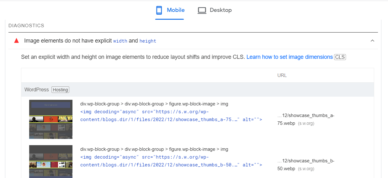 Laporan CLS yang lebih mendetail tentang Wawasan PageSpeed.