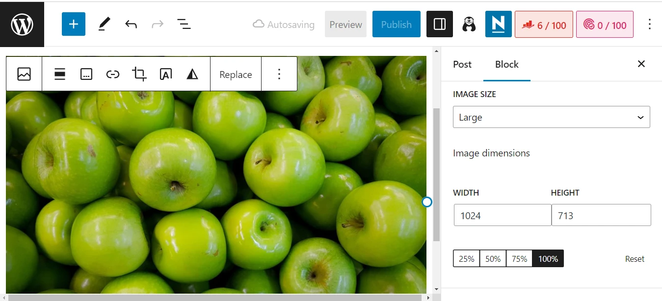 Dimensi gambar di Editor Blok WordPress.