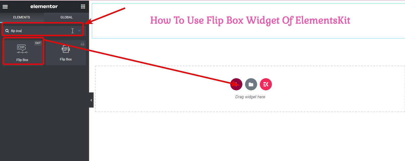 seret dan lepas widget kotak flip dari kit elemen- Cara Membuat Hamparan dan Melayang Flipbox Di WordPress