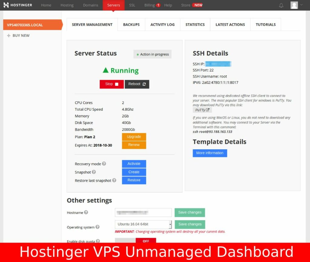 Painel VPS da Hostinger