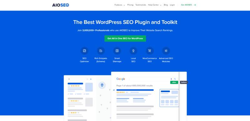captura de tela da página inicial do plug-in seo wordpress tudo-em-um