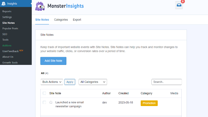Gerenciar notas do site Manage site notes