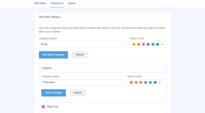 Editar categorias de notas do site Edit site note categories