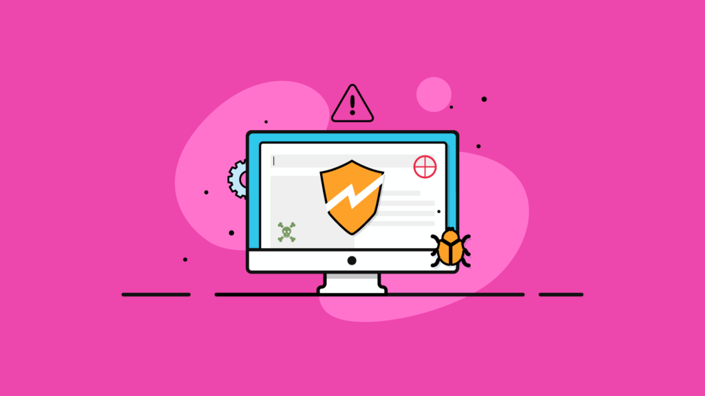 Un écran d'ordinateur criblé de sécurité. Il y a un grand bouclier orange avec une barre oblique au milieu de l'écran. Autour de lui se trouvent une cible rouge, un crâne vert et des os croisés, un "bug" orange, un triangle avec un point d'explication au milieu et un engrenage gris.