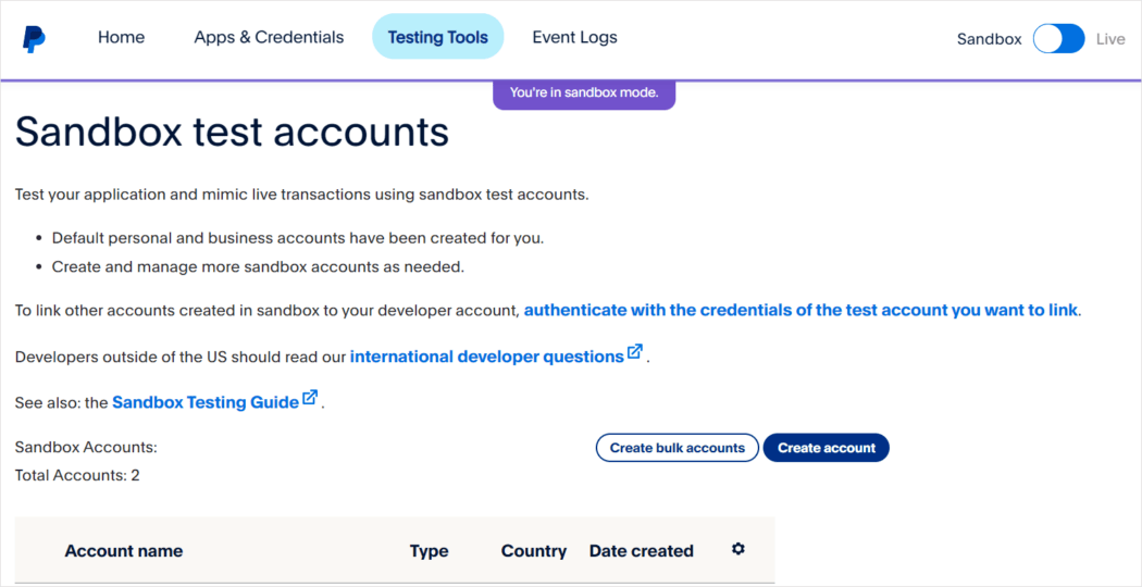 Layar akun percobaan kotak pasir PayPal.