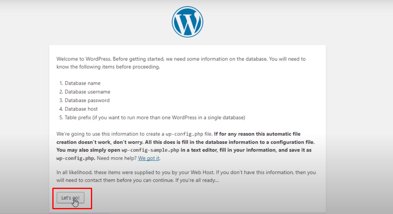 На этом изображении показана часть настройки установки WordPress.