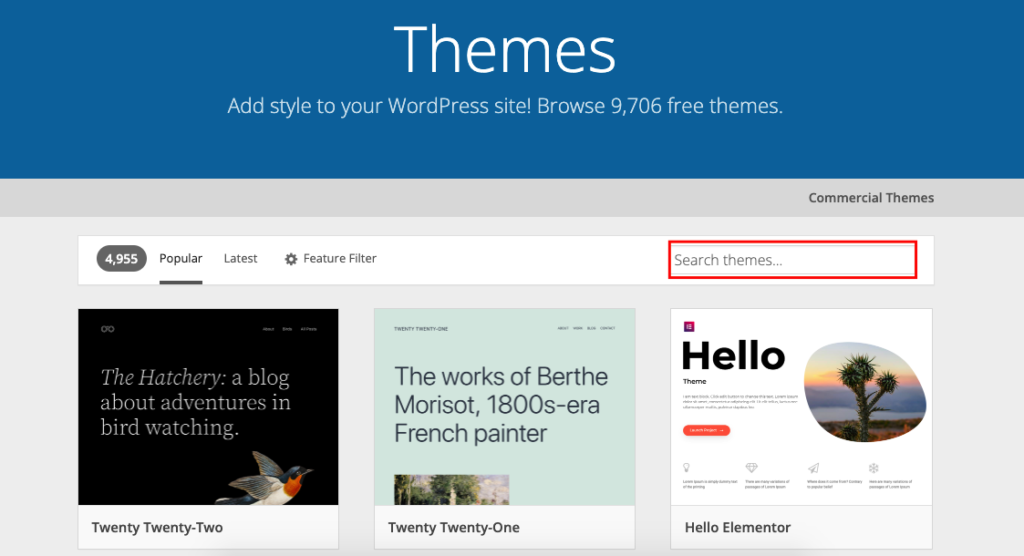 Отображение панели поиска тем WordPress