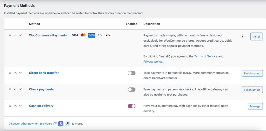 WordPress 7 でオンライン書店マーケットプレイスを作成する方法 This is a screenshot of all the Payment Methods