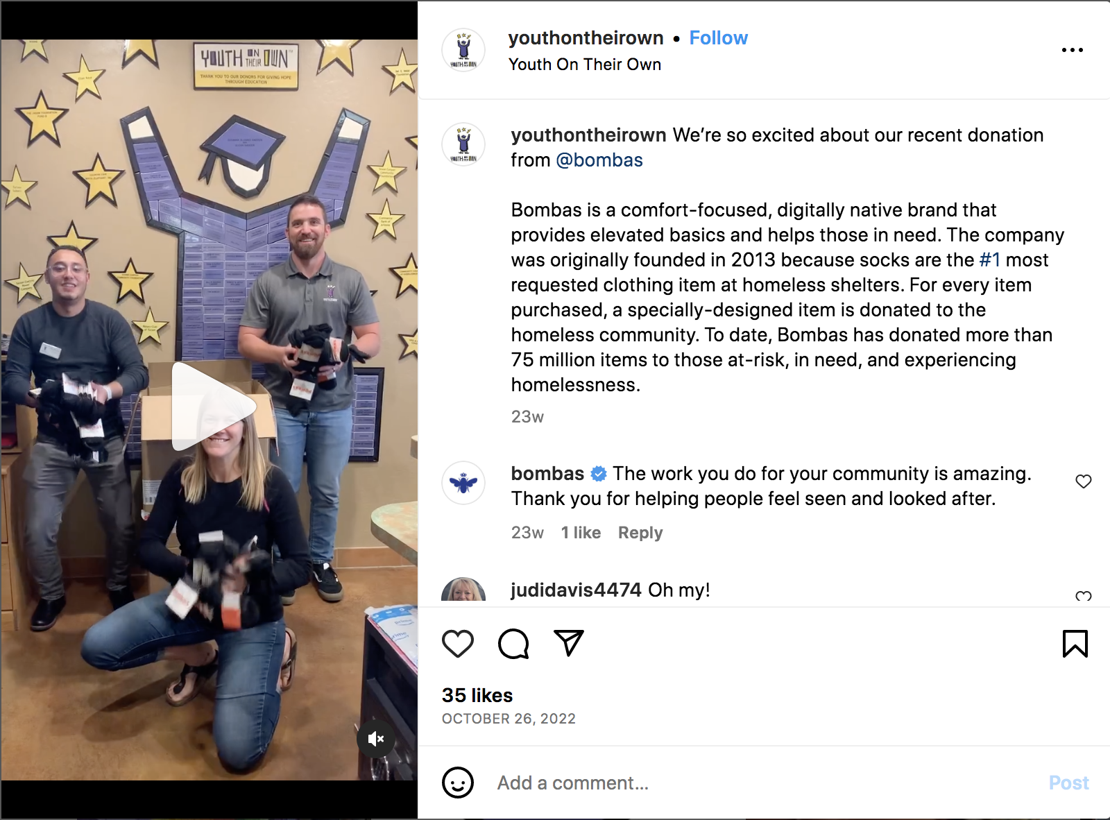 Post su Instagram di Youth on Their Own, un'organizzazione senza scopo di lucro