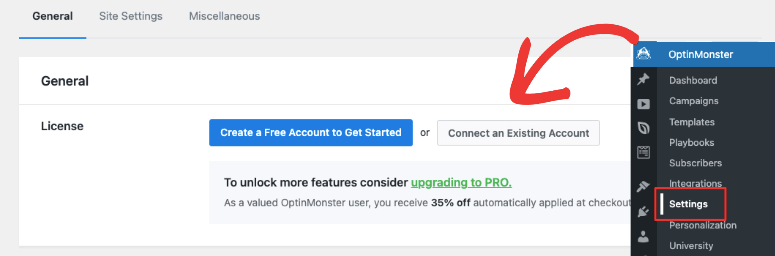 collega un account esistente in optinmonster - IsItWP - Rilevatore di temi WordPress gratuito connect an existing account in optinmonster