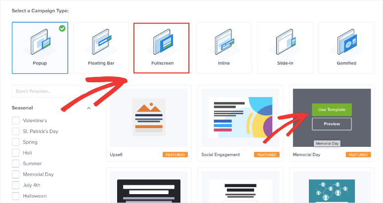 scegli il modello a schermo intero in optinmonster - IsItWP - Rilevatore di temi WordPress gratuito choose fullscreen template in optinmonster