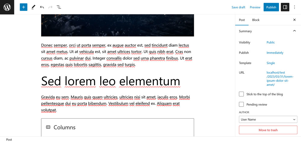 interfață de utilizator editor gutenberg