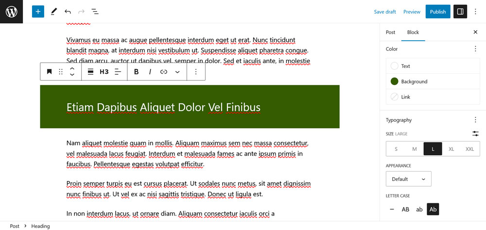 opzioni di personalizzazione del blocco gutenberg