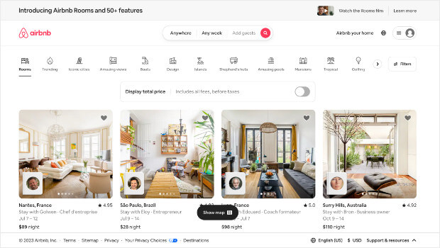 esempio di home page di airbnb