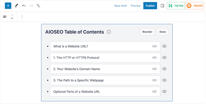 El bloque de tabla de contenido de AIOSEO The AIOSEO table of contents block