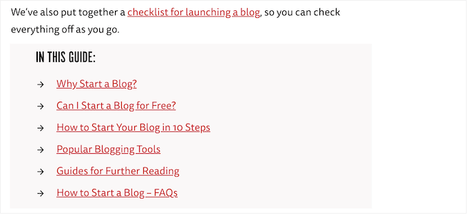 Un ejemplo de la tabla de contenido del blog. An example of blog's table of contents