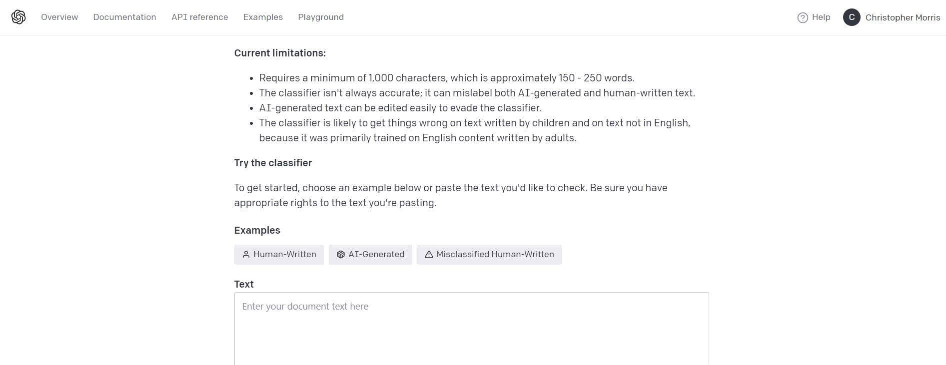 Classificateur de texte OpenAI - Landingpage mai 2023