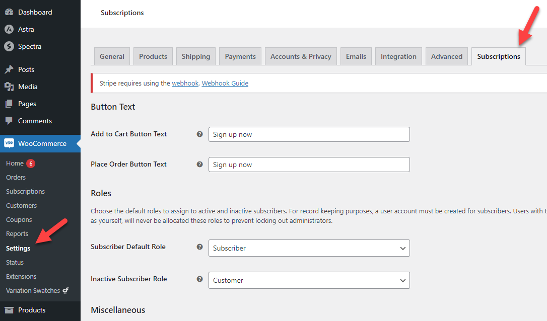 setări de abonament woocommerce