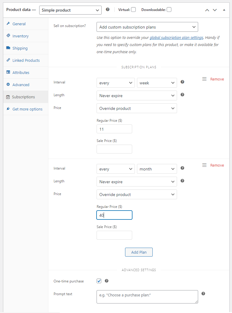 planuri adăugate - cumpărați o dată sau abonați-vă pentru abonamente woocommerce