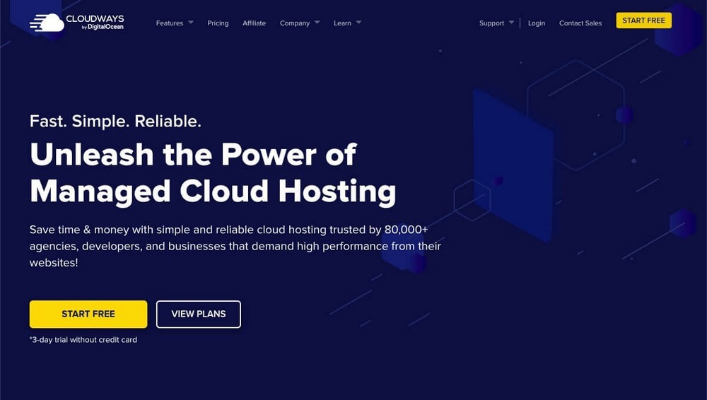 Home page dell'hosting di Cloudways