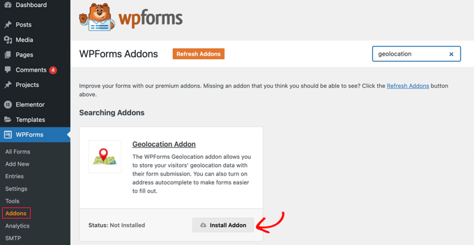 Navigați la WPForms » Addons și instalați suplimentul de geolocalizare Navigate to WPForms » Addons and Install the Geolocation Addon