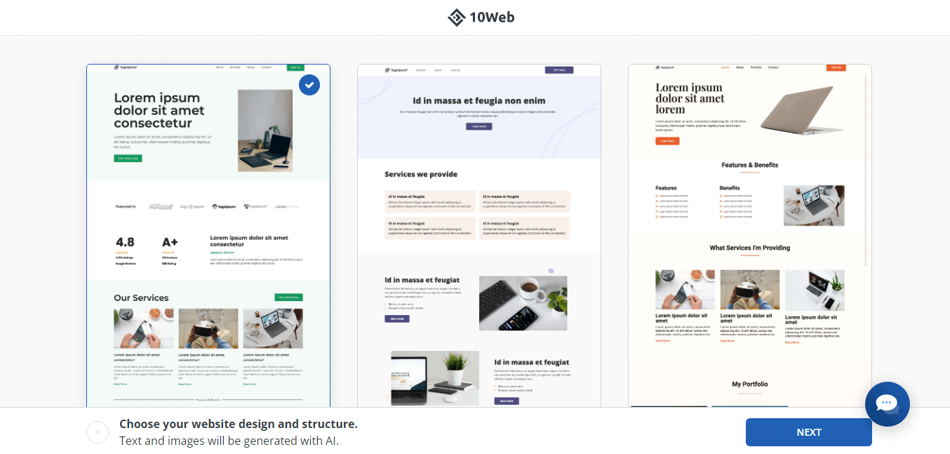 10Web에서 디자인 선택.