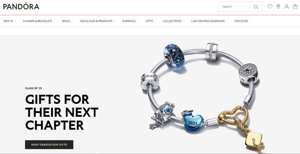 Página inicial da Pandora Jewelry