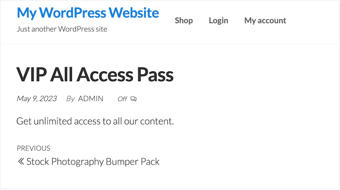 Contoh akses semua akses yang dibuat menggunakan Easy Digital Downloads An example of an all access pass created using Easy Digital Downloads
